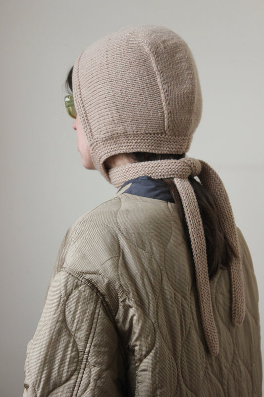 Hand-knitted Adult Bow Long Tie Bonnet hat in Beige