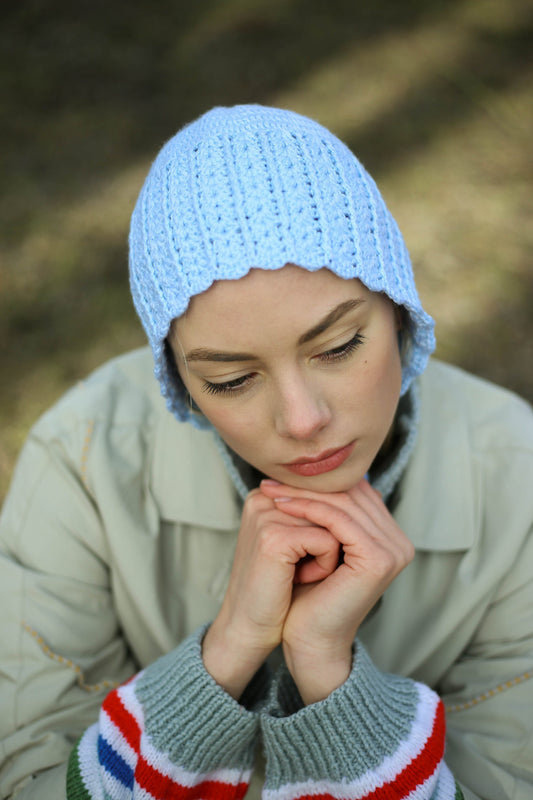 Adult Crochet Bow Tie cotton Bonnet in Light Blue