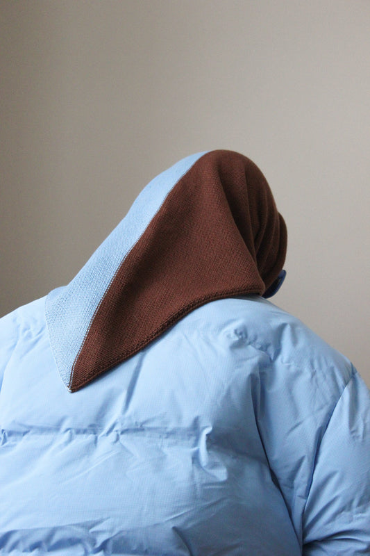 Hand - knitted Bicolour Headscarf in Baby blue & Brown