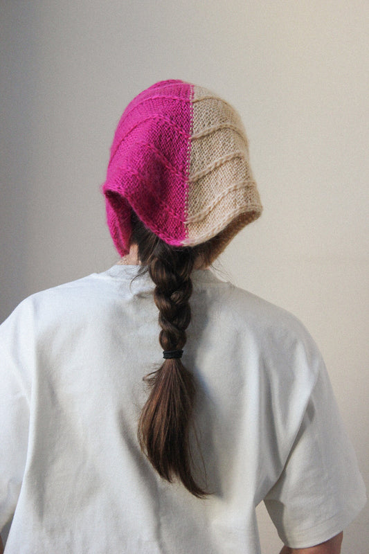 Hand - knitted Mohair Bicolour Headscarf in Crimson & Cream Beige