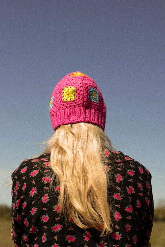 Patchwork Granny Square Adult Crochet Bow Tie Bonnet in Pink