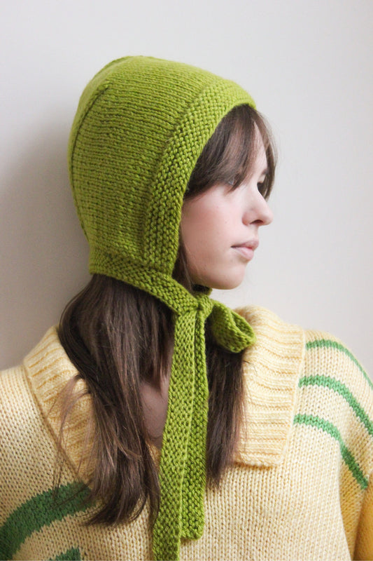 Hand-knitted Adult Bow Tie Bonnet hat in Light Green