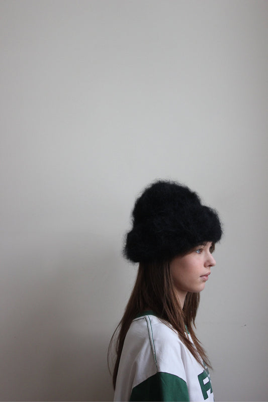 Hand - Knitted Premium Mohair Beanie Hat in Black