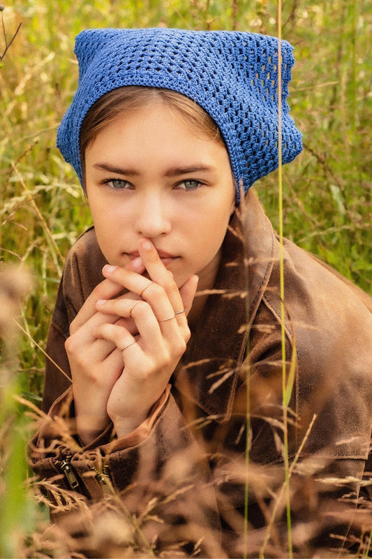 Crochet Mesh Headscarf in Blue