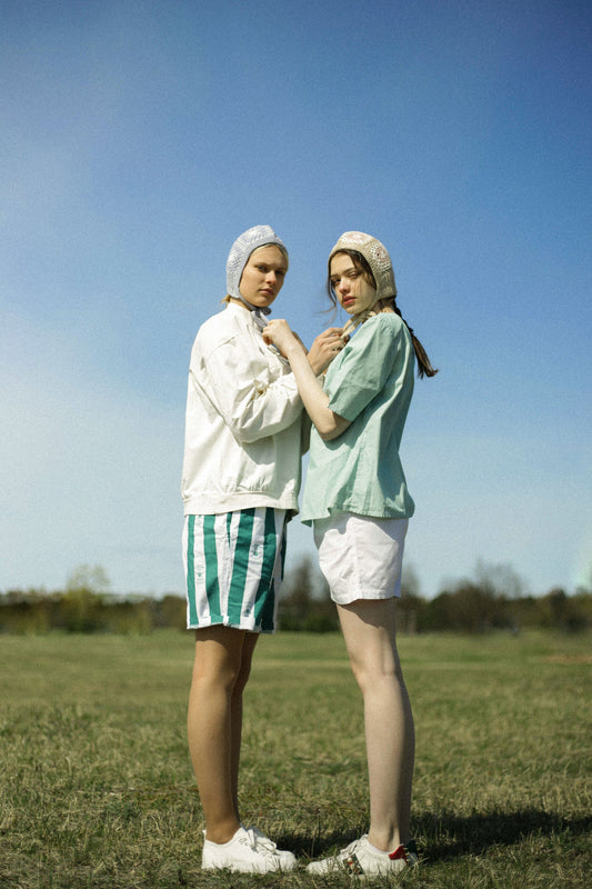 Patchwork Granny Square Adult Crochet Bow Tie Bonnet in Beige