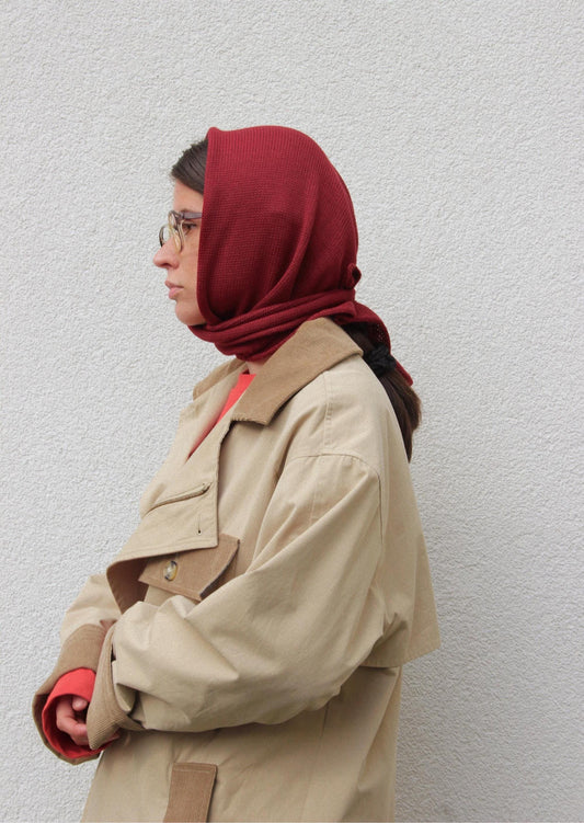 Hand - knitted Headscarf in Burgundy
