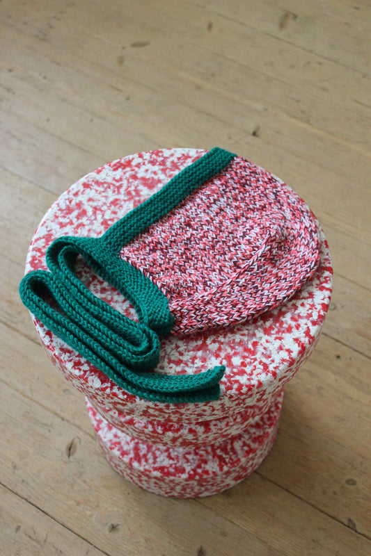 Hand - Knitted Melange Chunky Bow Tie Bonnet Hat in Pink and Emerald Green