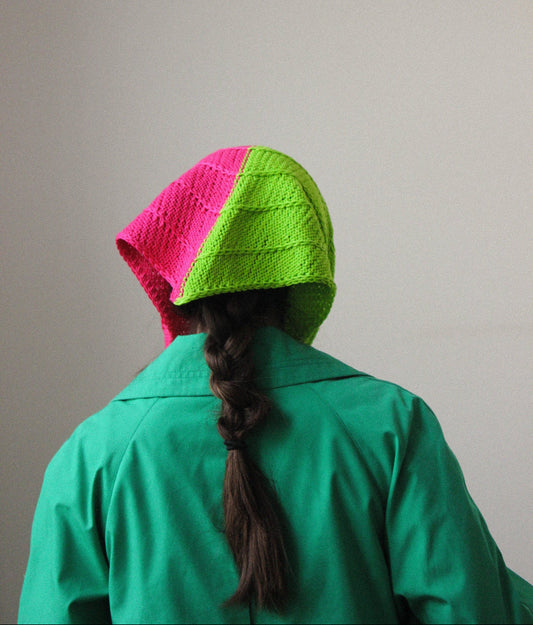 Hand - knitted Cotton Bicolour Headscarf in Poison Green & Fuscia Pink