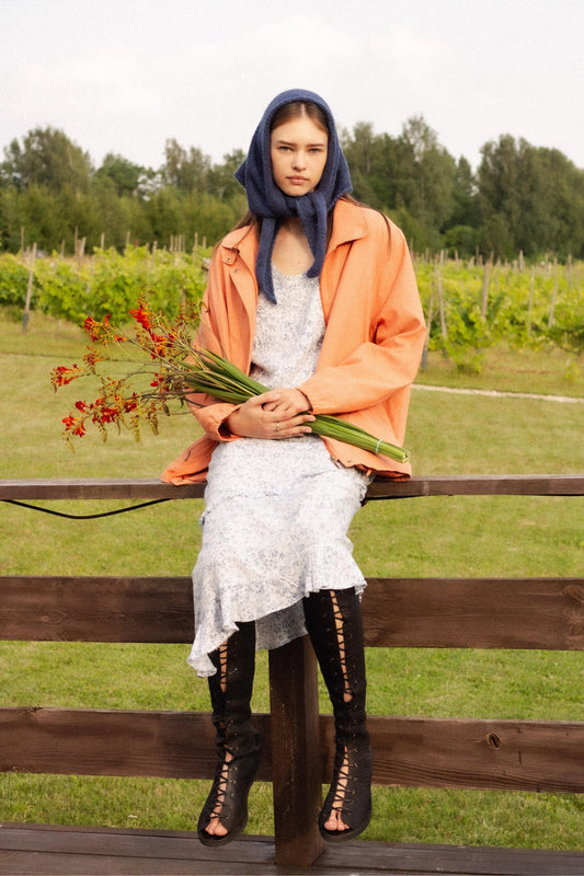 Hand - knitted Mohair Headscarf in Navy