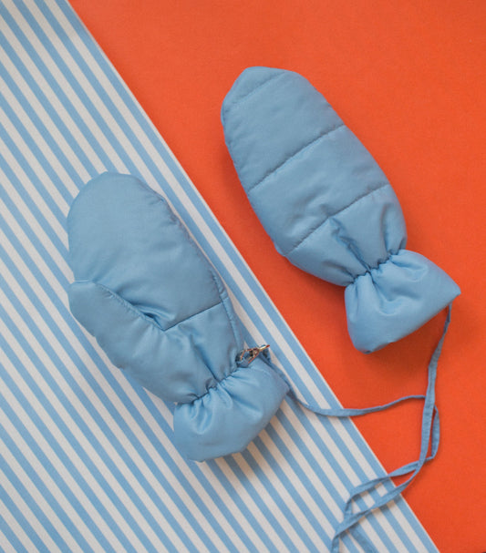 Puffer Mittens on Strings in Baby Blue