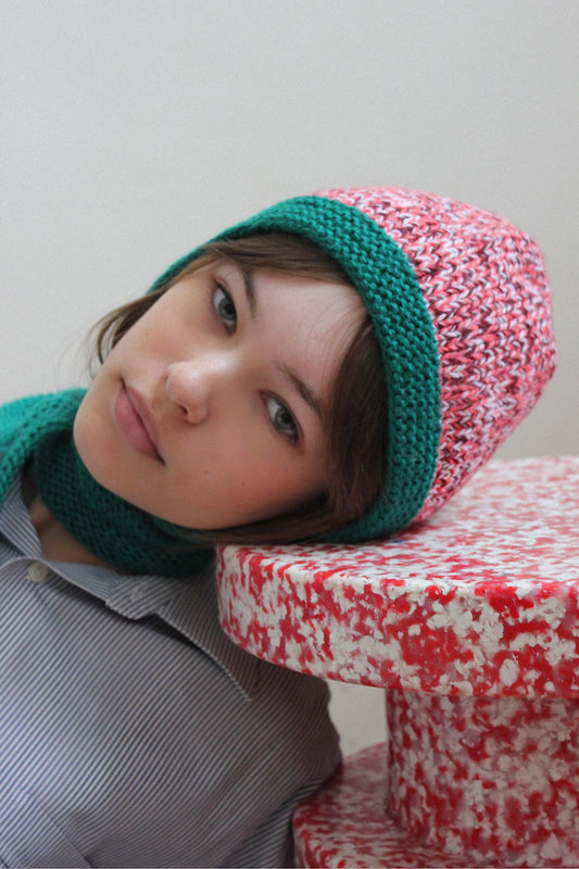 Hand - Knitted Melange Chunky Bow Tie Bonnet Hat in Pink and Emerald Green