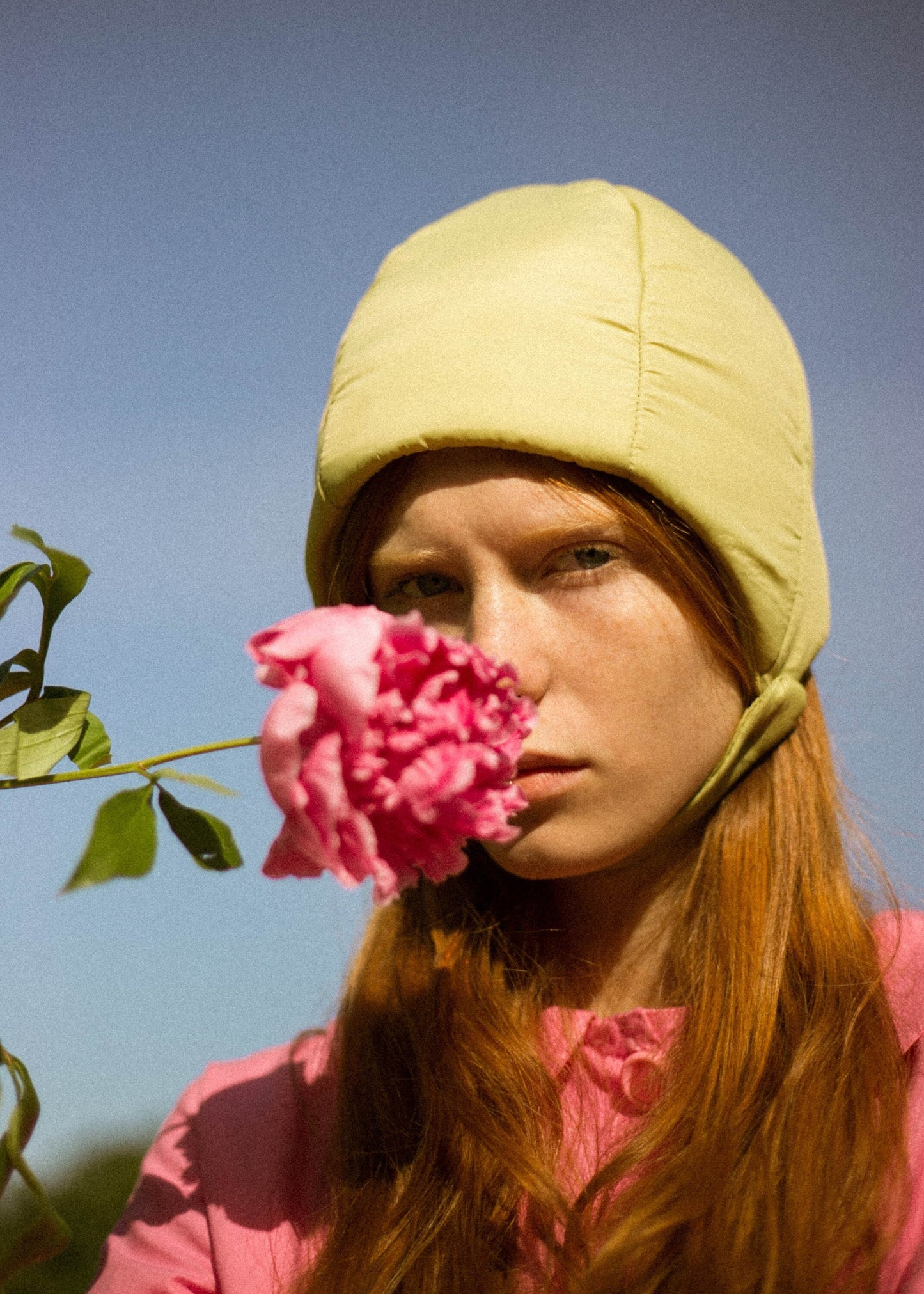 Pillow Puffer Quilted Aviator Helmet Cap Bonnet on a button in light Olive green