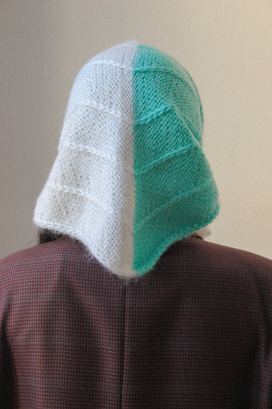 Hand - knitted Bicolour Mohair Headscarf in Azure & White