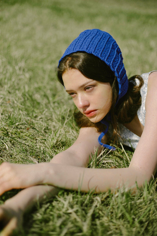 Adult Cotton Crochet Bow Tie Bonnet in Blue