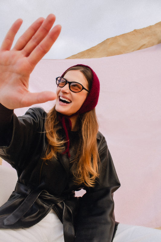Hand - knitted Mohair Bonnet -Headband in Burgundy
