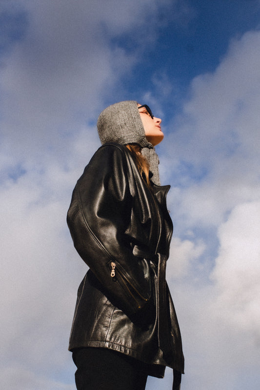 Hand - knitted Bow Tie Mohair Bonnet in Gray Melange