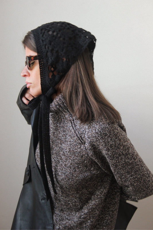 Hand - knitted Mesh Floral Mohair Headscarf in Black