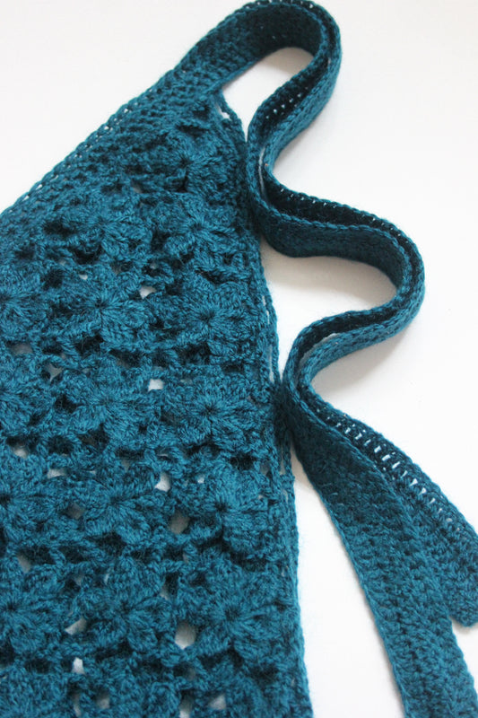 Hand-knitted Mesh Floral Mohair Headscarf in Azure Blue