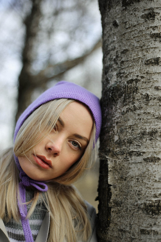 Hand-knitted Adult Bow Tie Bonnet hat in lilac