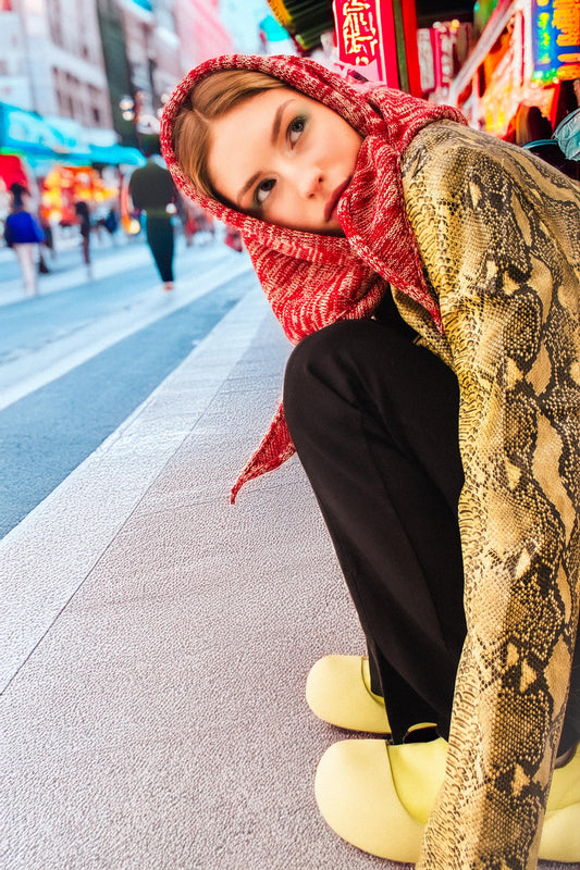 Hand - knitted Melange Headscarf in Red