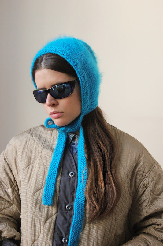 Hand - knitted Adult Bow Tie Mohair Bonnet in Azure Blue