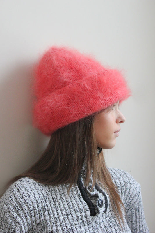 Premium Mohair Beanie Hat in Сoral Pink
