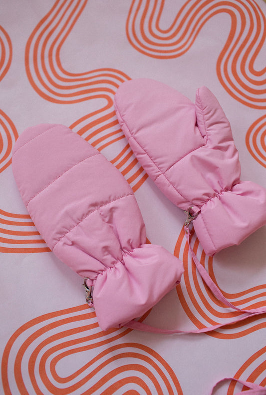 Pillow Puffer Mittens on Strings in Powder Pink