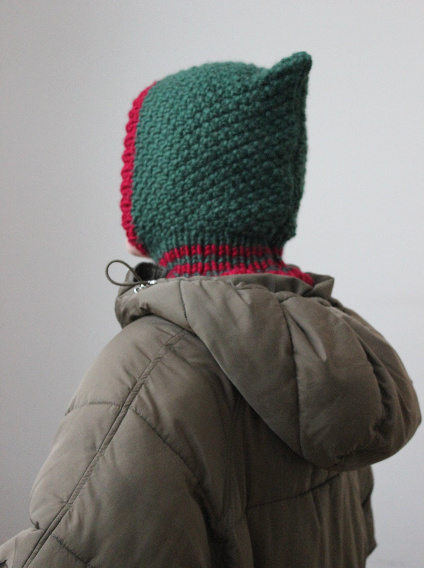 Balaclava Woolen Chunky hat in green and maroon red; mango socky balaclava knit beanie,knit helmet,knit hat,crochet balaclava, knitted hood