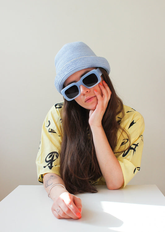 Hand knitted crochet bucket hat in sky blue