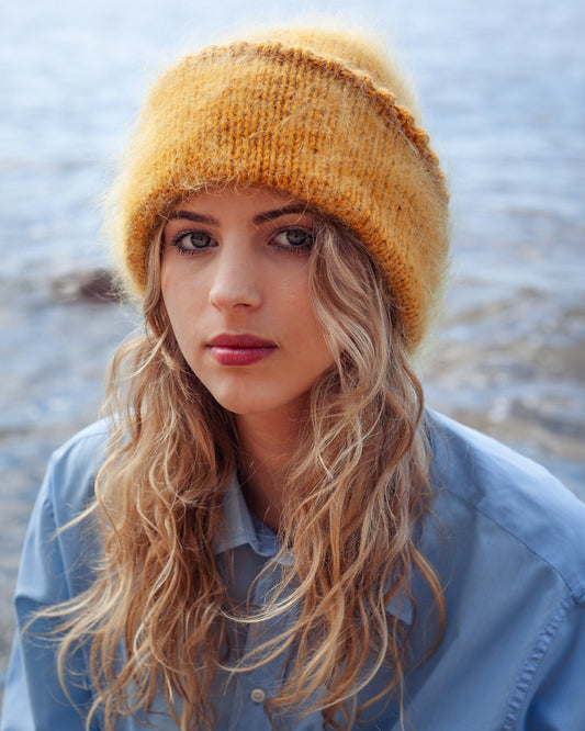 Hand - Knitted Mohair Beanie Hat in Mustard yellow
