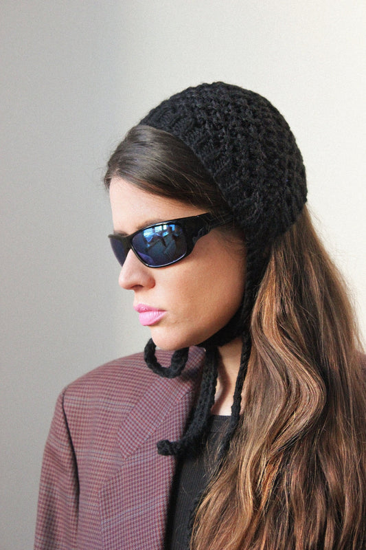 Hand - knitted Mesh Bonnet Headband in Black