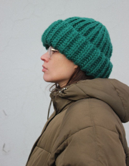 Woolen Chunky beanie hat in emerald green