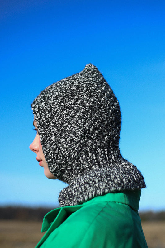 Chunky Woolen Balaclava in Black & White Melange