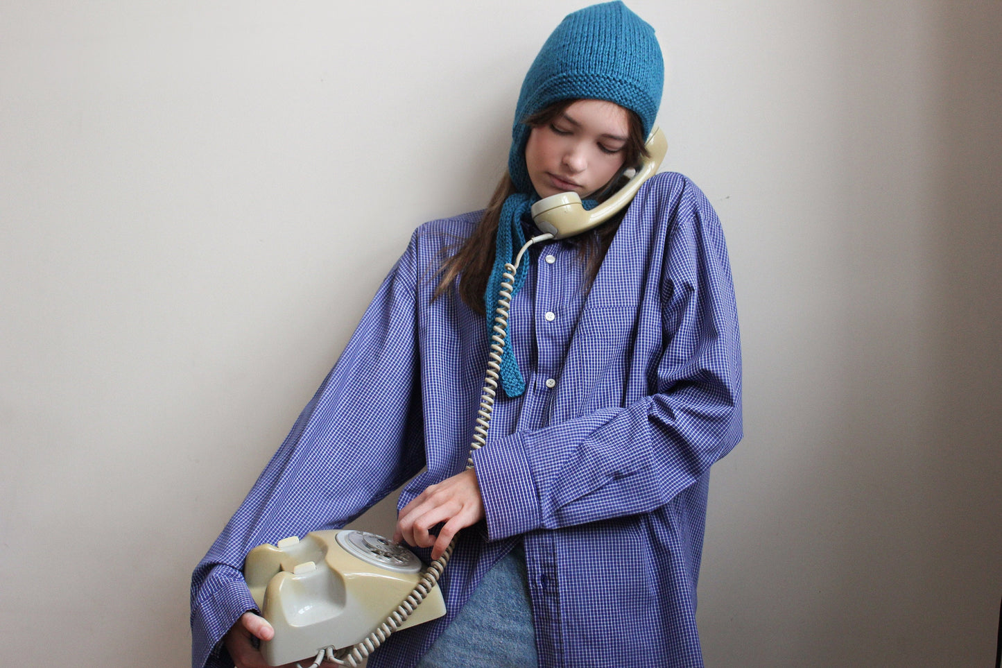 Hand-knitted Adult Bow Tie Bonnet hat in Ocean Blue