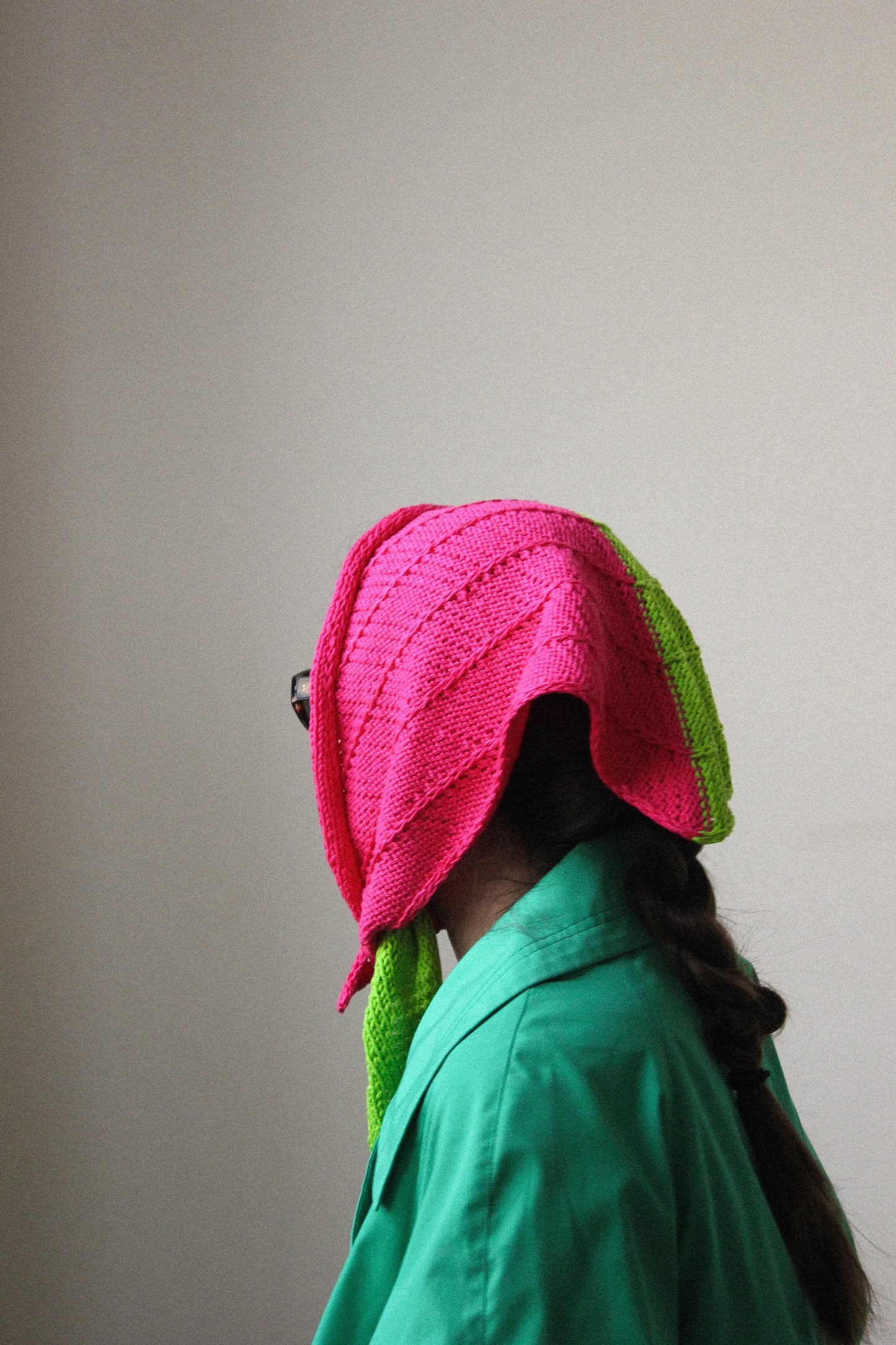 Hand - knitted Cotton Bicolour Headscarf in Poison Green & Fuscia Pink