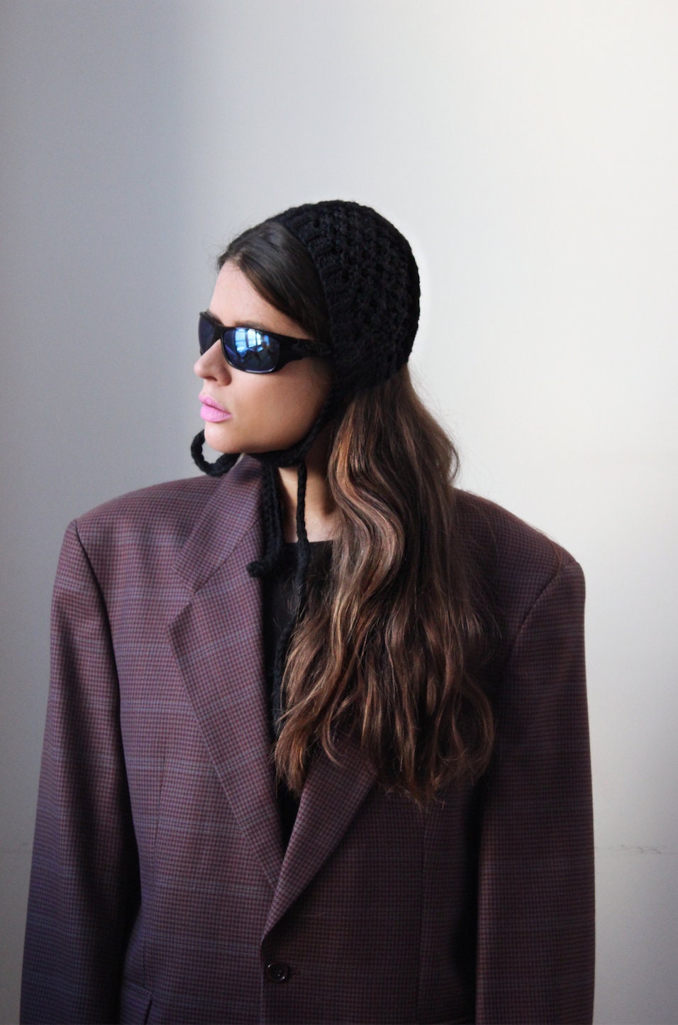 Hand - knitted Mesh Bonnet Headband in Black