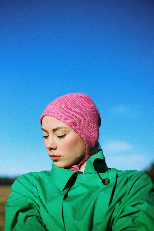 Hand-knitted Adult Bow Tie Bonnet hat in Pink