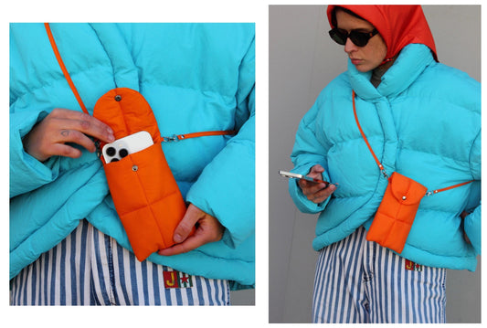 Pillow Puffer Phone pouch in Orange, Puffy Crossbody Phone Bag,Waterproof Padded Case with Strap,Hands-Free Pouch,Travel Gift for Her