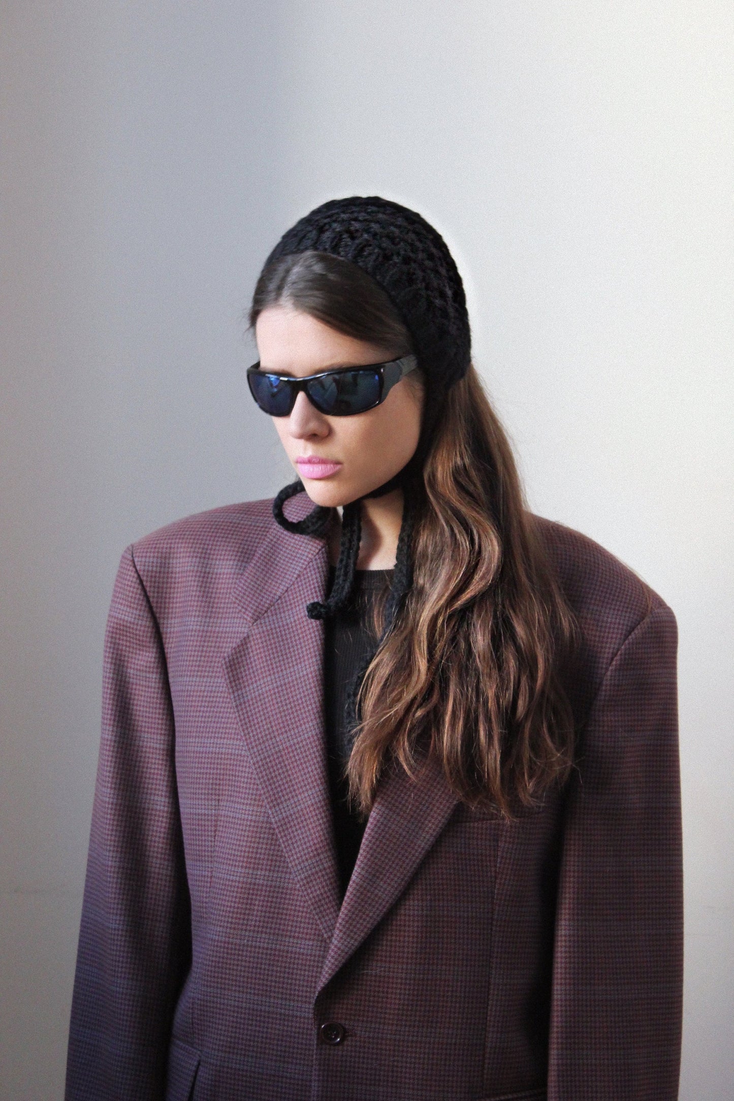 Hand - knitted Mesh Bonnet Headband in Black