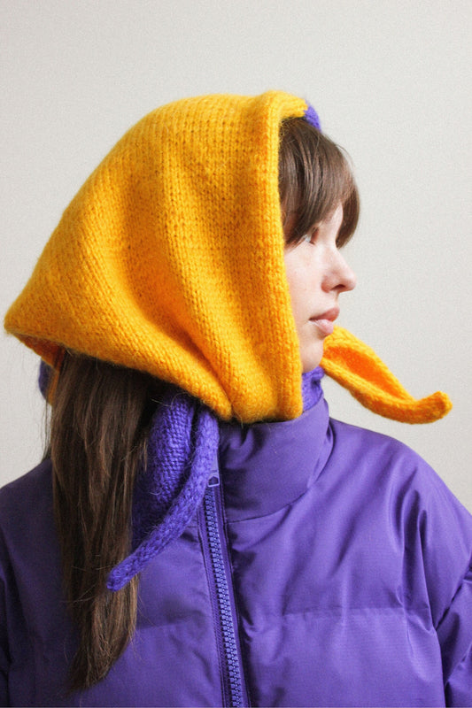 Hand - knitted Bicolour Mohair Headscarf in Rich Yellow & Purple