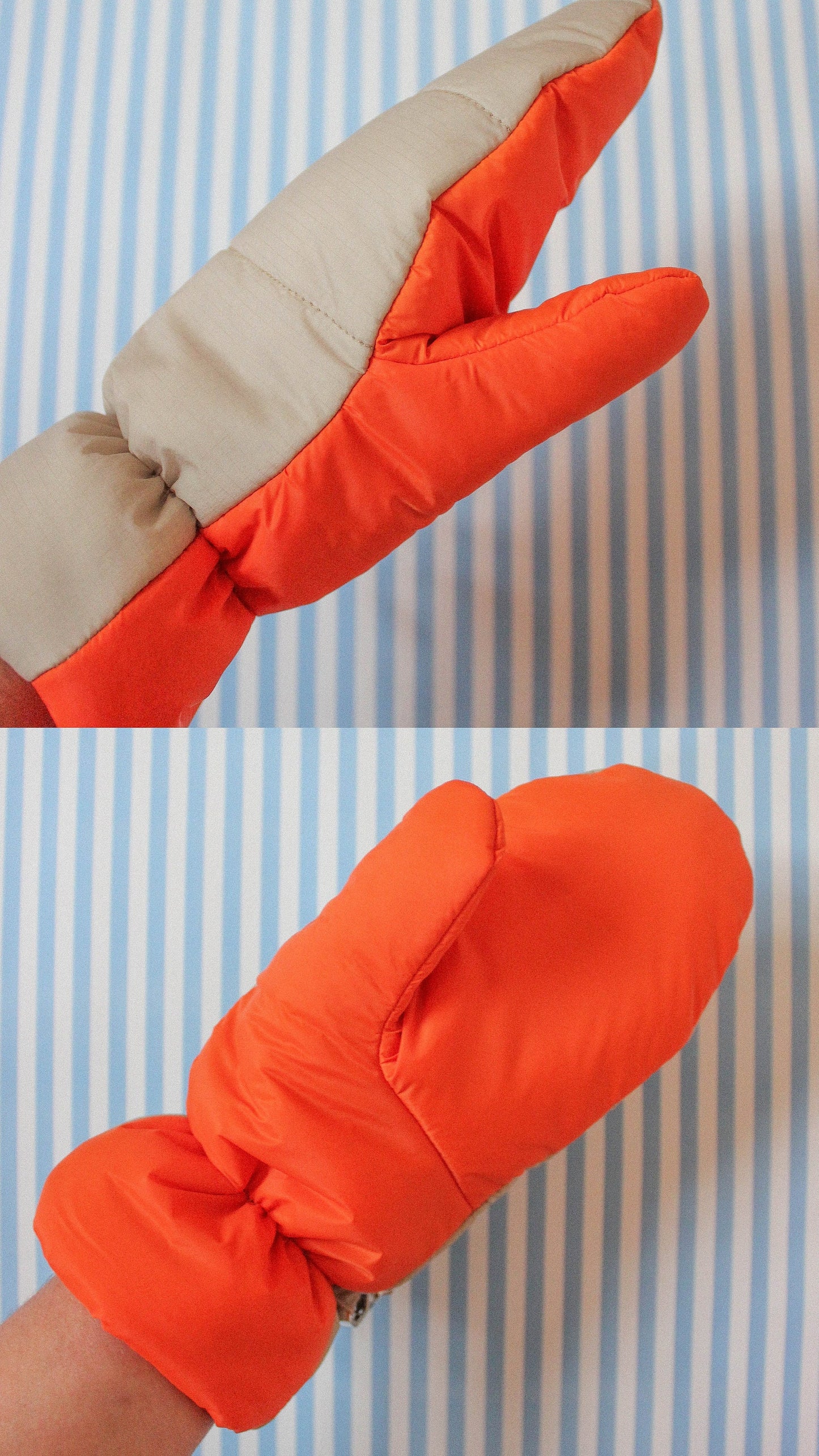 Bicolor Pillow Puffer Mittens on Strings in Orange & Beige