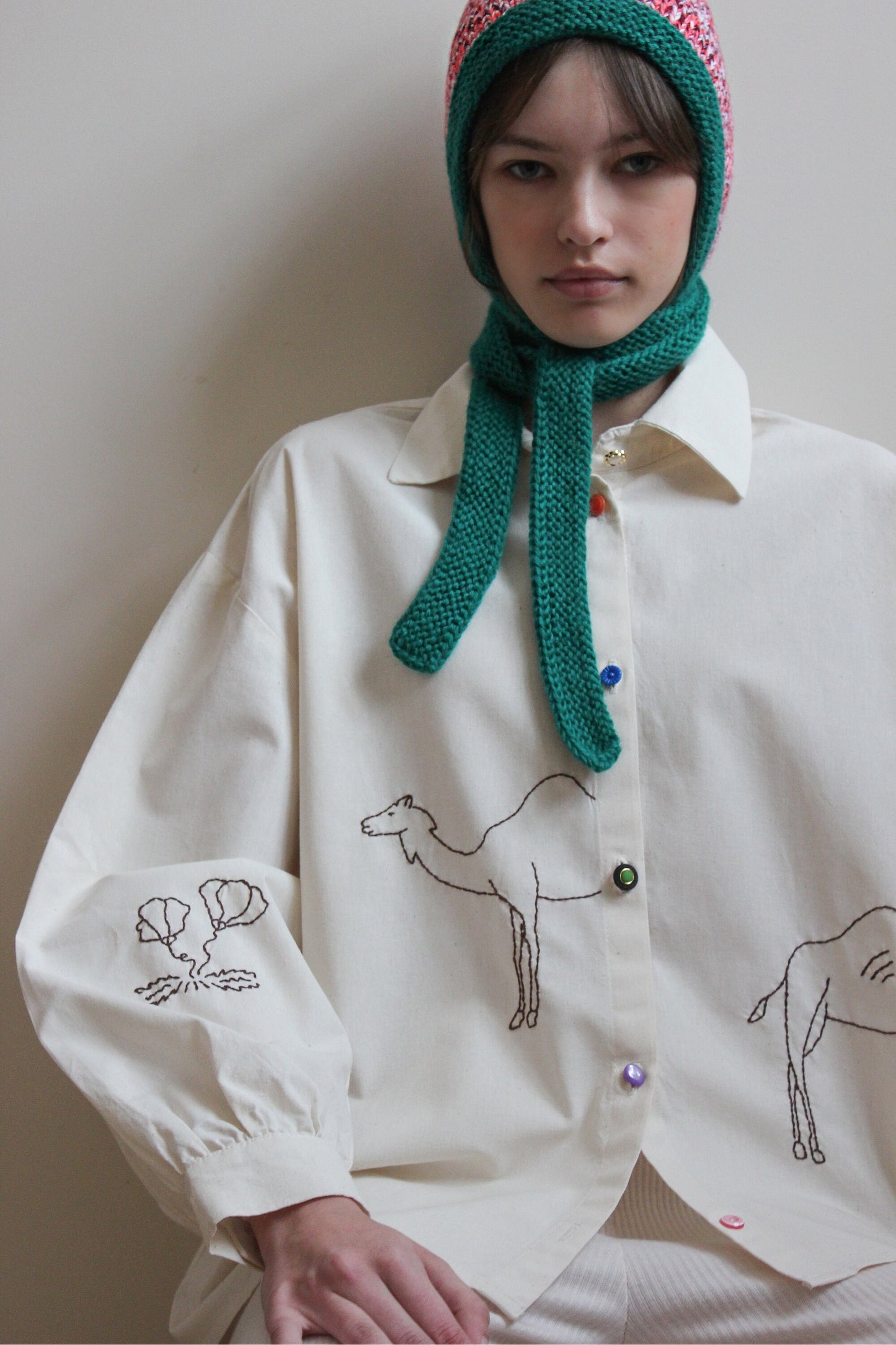 Hand - Knitted Melange Chunky Bow Tie Bonnet Hat in Pink and Emerald Green