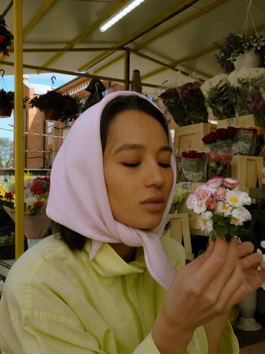 Hand - knitted Spring Headscarf in Baby Pink