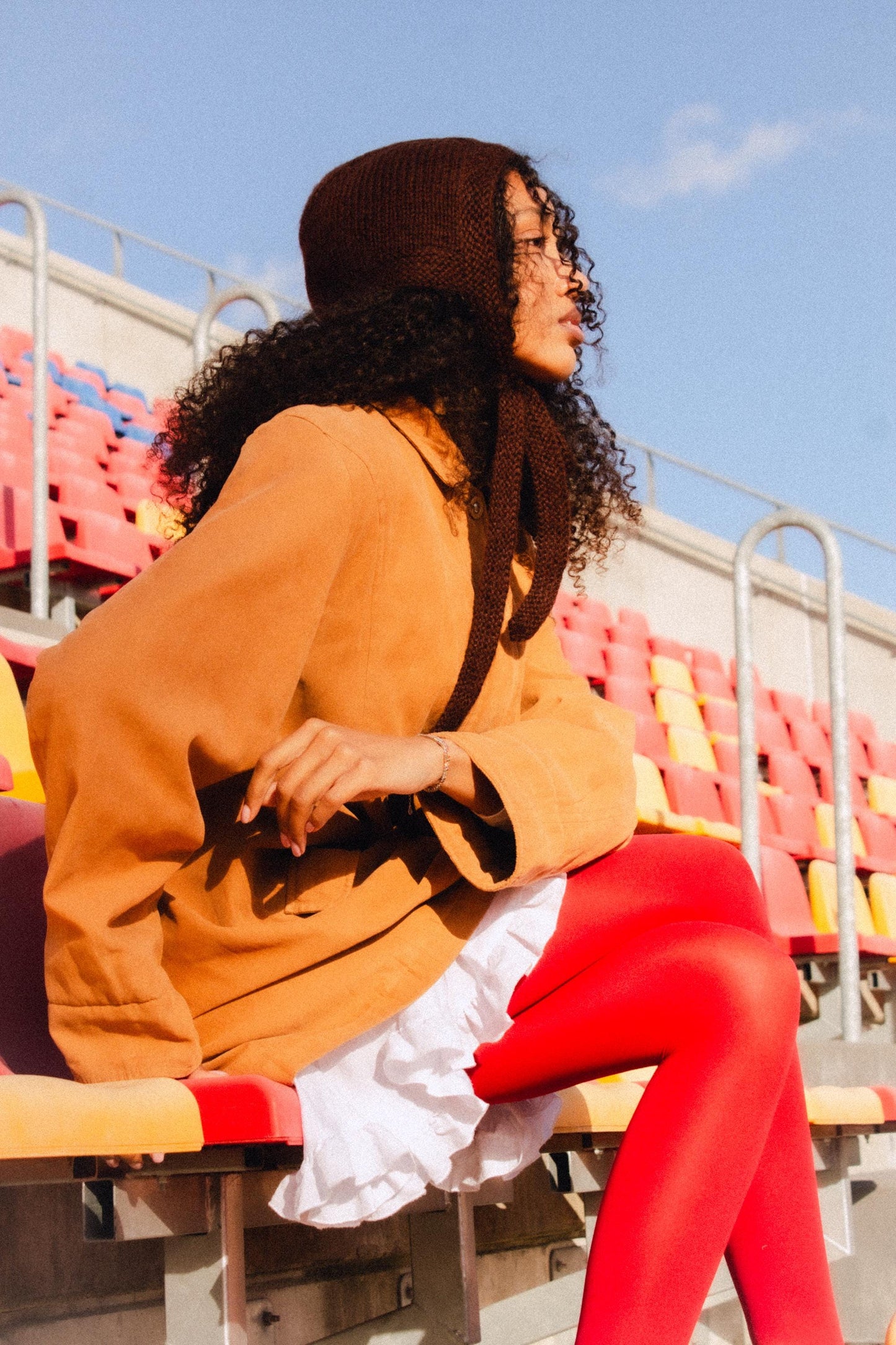 Hand - knitted Adult Bow Tie Mohair Bonnet in Brown