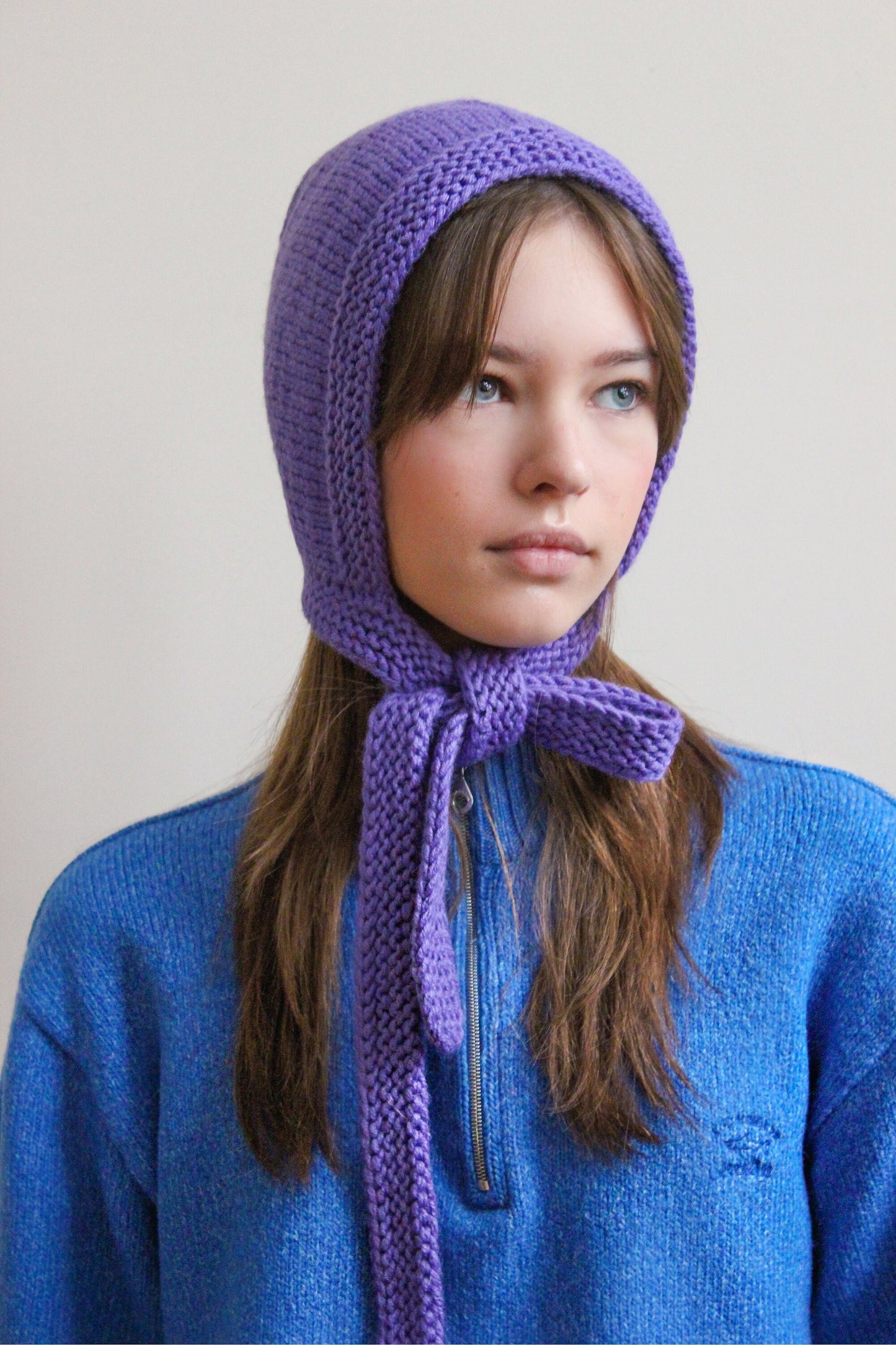 Hand-knitted Adult Bow Tie Bonnet hat in Purple