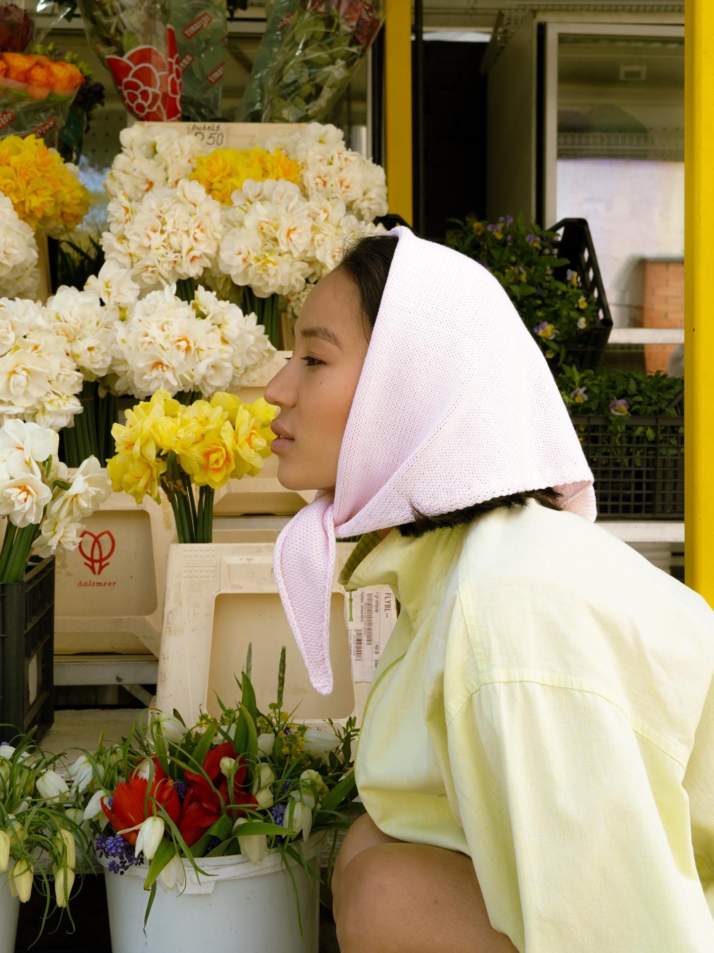 Hand - knitted Spring Headscarf in Baby Pink