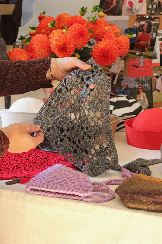 Hand - knitted Mesh Floral Mohair Melange Headscarf in Charcoal Gray