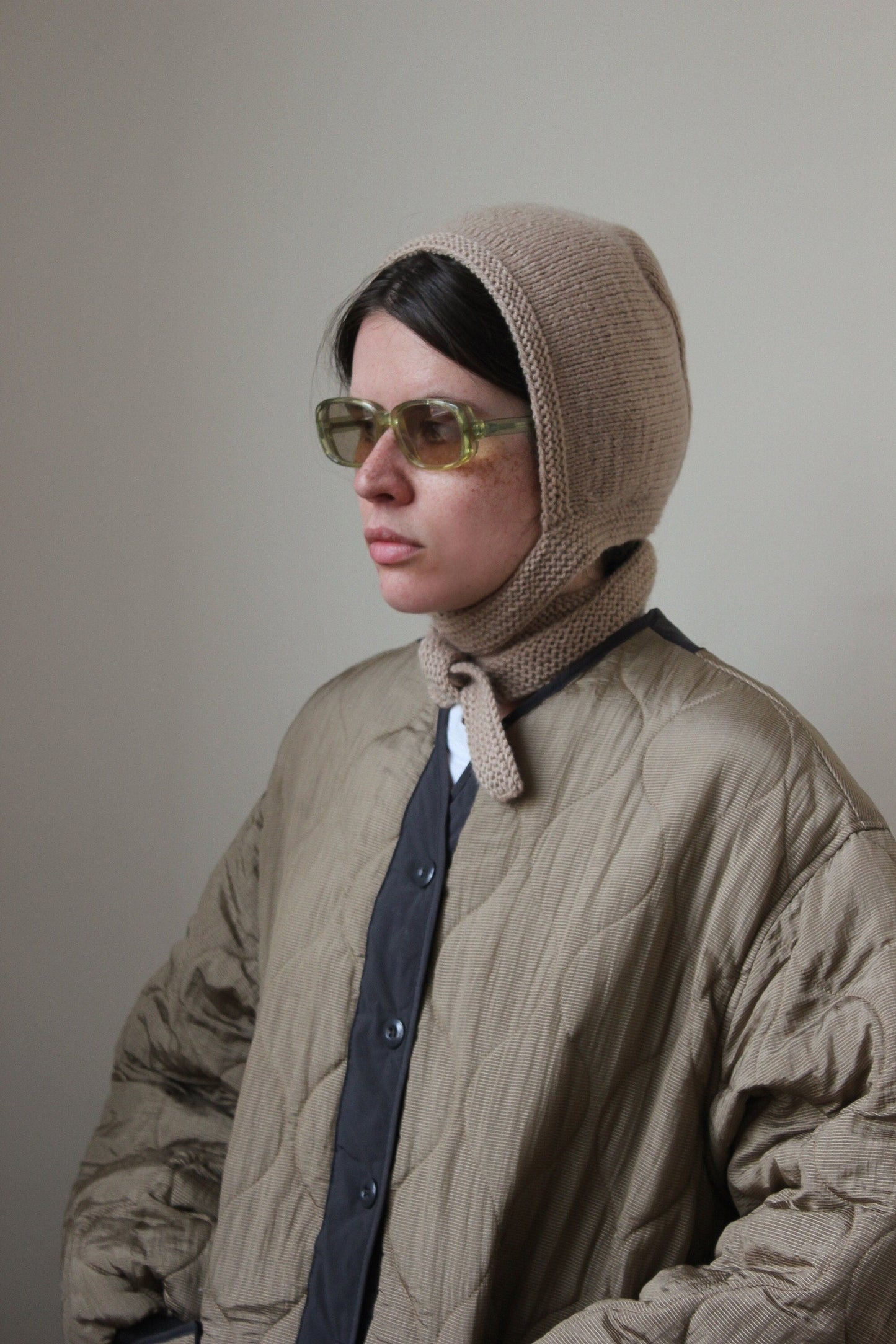 Hand-knitted Adult Bow Long Tie Bonnet hat in beige