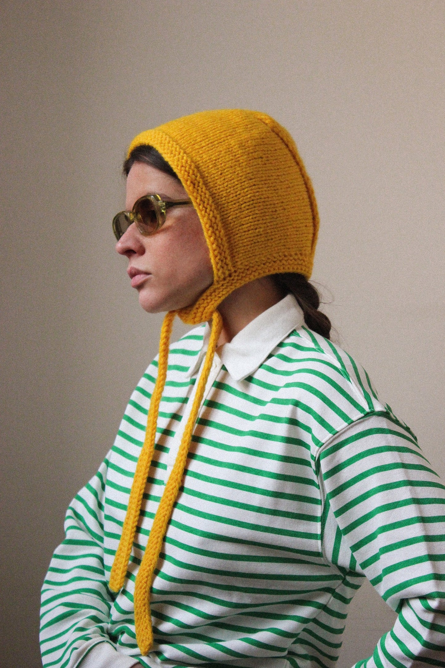 Hand-knitted Adult Bow Tie Bonnet hat in Yellow