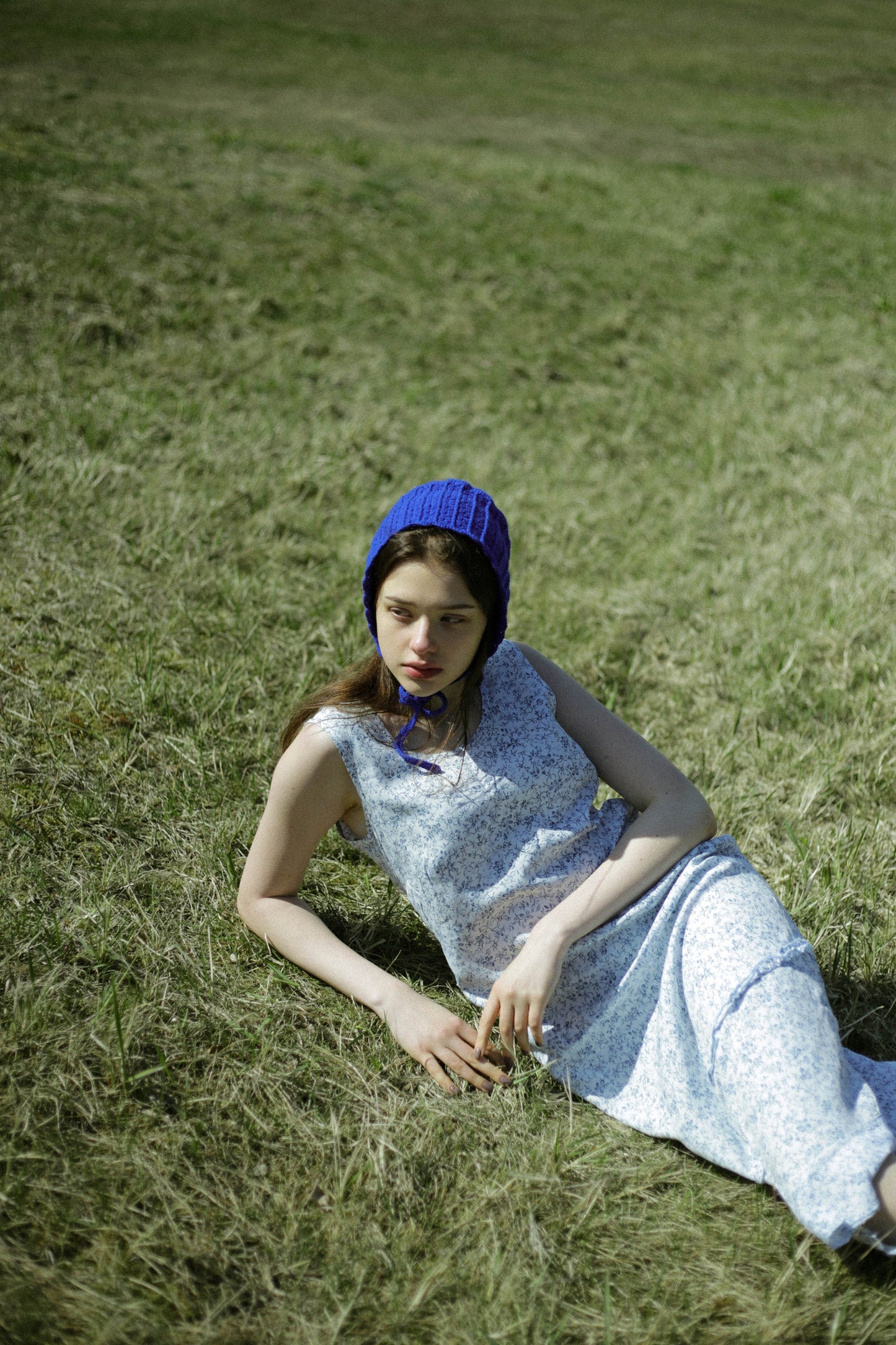 Adult Cotton Crochet Bow Tie Bonnet in Blue